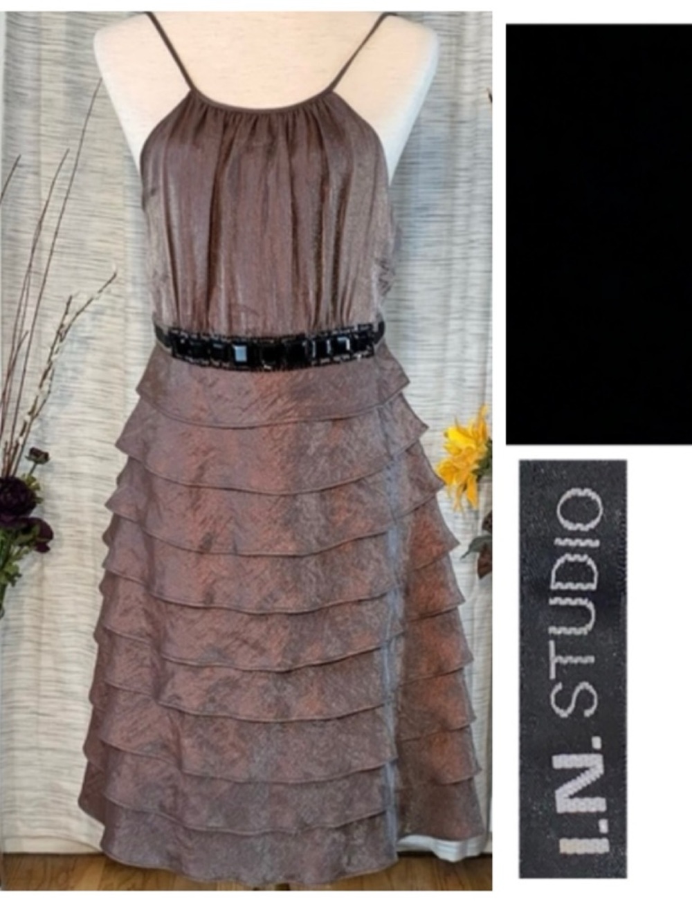 I.N. Studio shimmering brown spaghetti strap party dress.